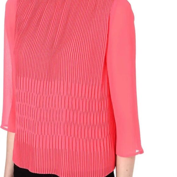 Ted Baker Women Gyda Blouse Sz 1 US 4 Neon Coral Pink Pleated Chiffon 3/4 Sleeve - Picture 4 of 16
